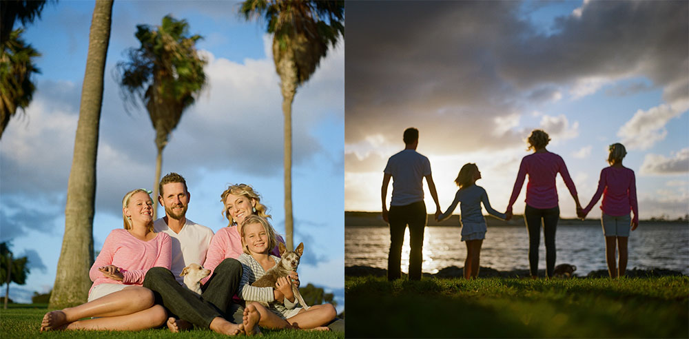 Sunset family portrait with dogs in Tecolote Park, Mission Bay. ©William Bay Photographic Arts.