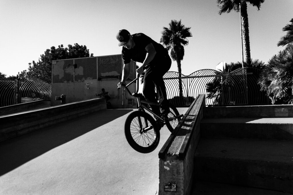 BMX double peg grind on ledge at the OB Robb Field skatepark.